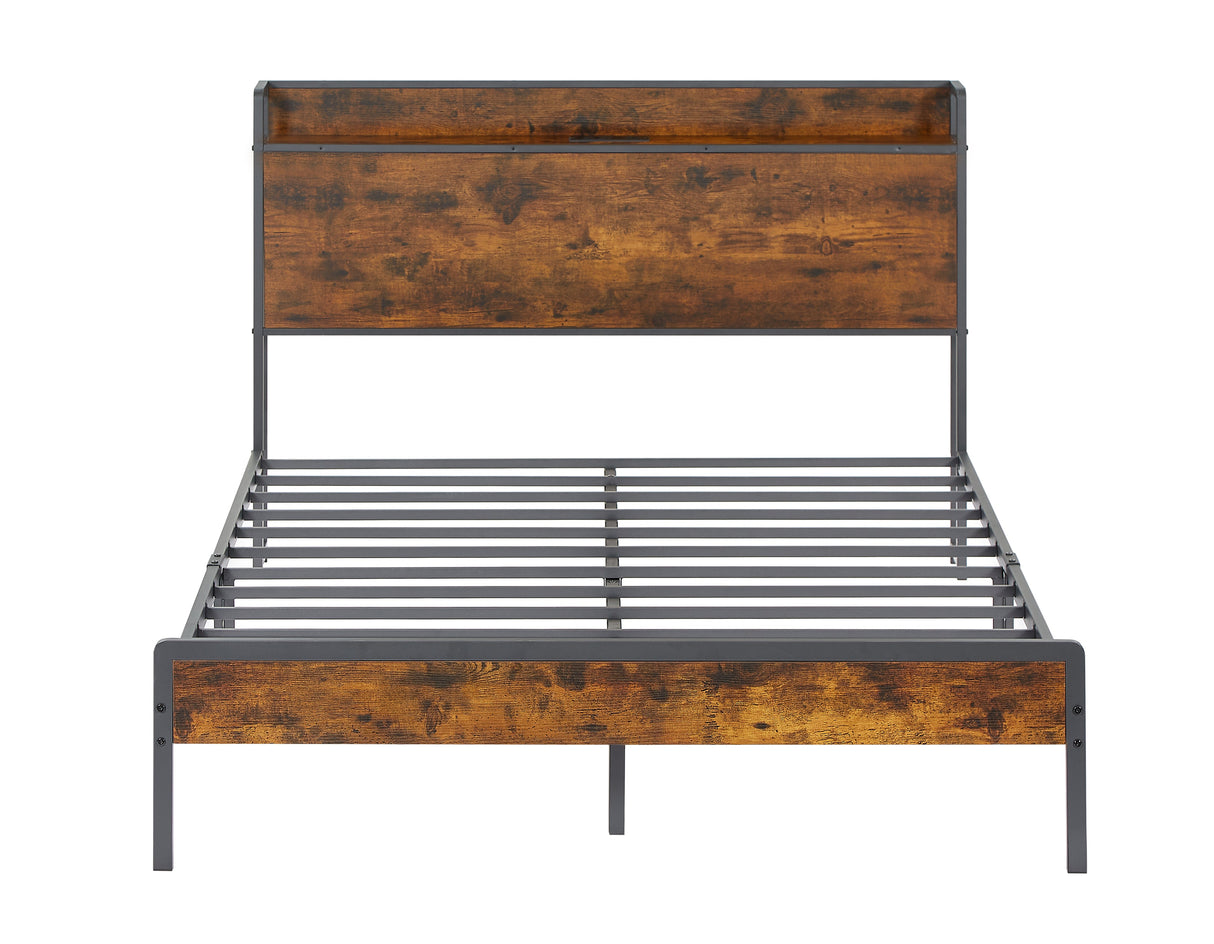 Bed frame with charging station full size, Rustic Brown, 83.1'' L x 56.1'' W x 39'' H eprolo