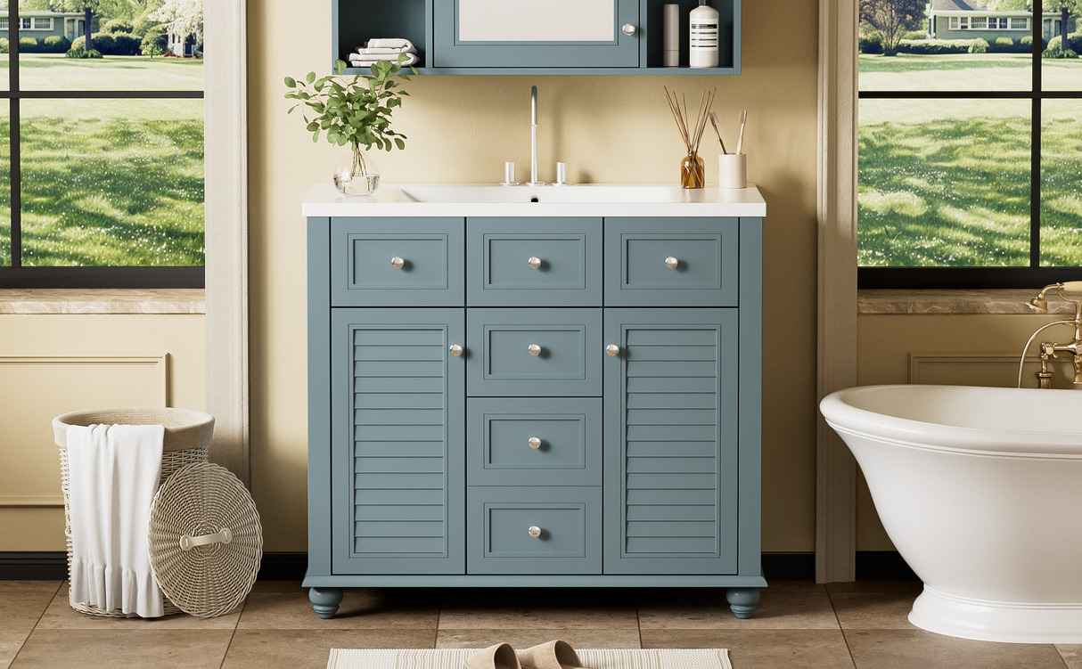 36 "bathroom makeup cabinet with resin sink combination and 2 drawers, with soft closing door, blue color eprolo