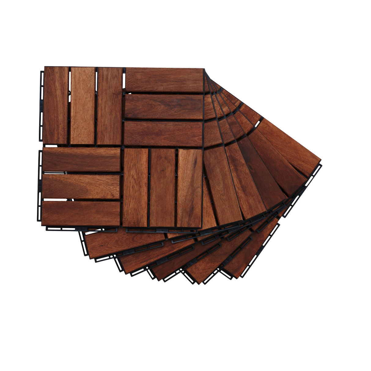 Acacia interlocking deck tile grid pattern, 10 pieces of 12 inch x 12 inch square brown Acacia hardwood outdoor flooring - Julia M LifeStyles