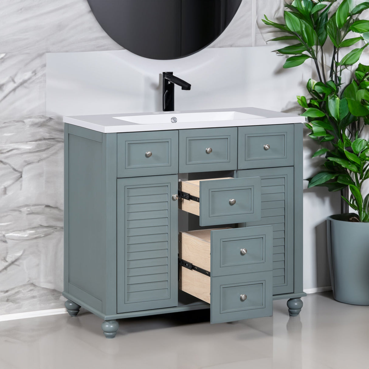 36 "bathroom makeup cabinet with resin sink combination and 2 drawers, with soft closing door, blue color eprolo