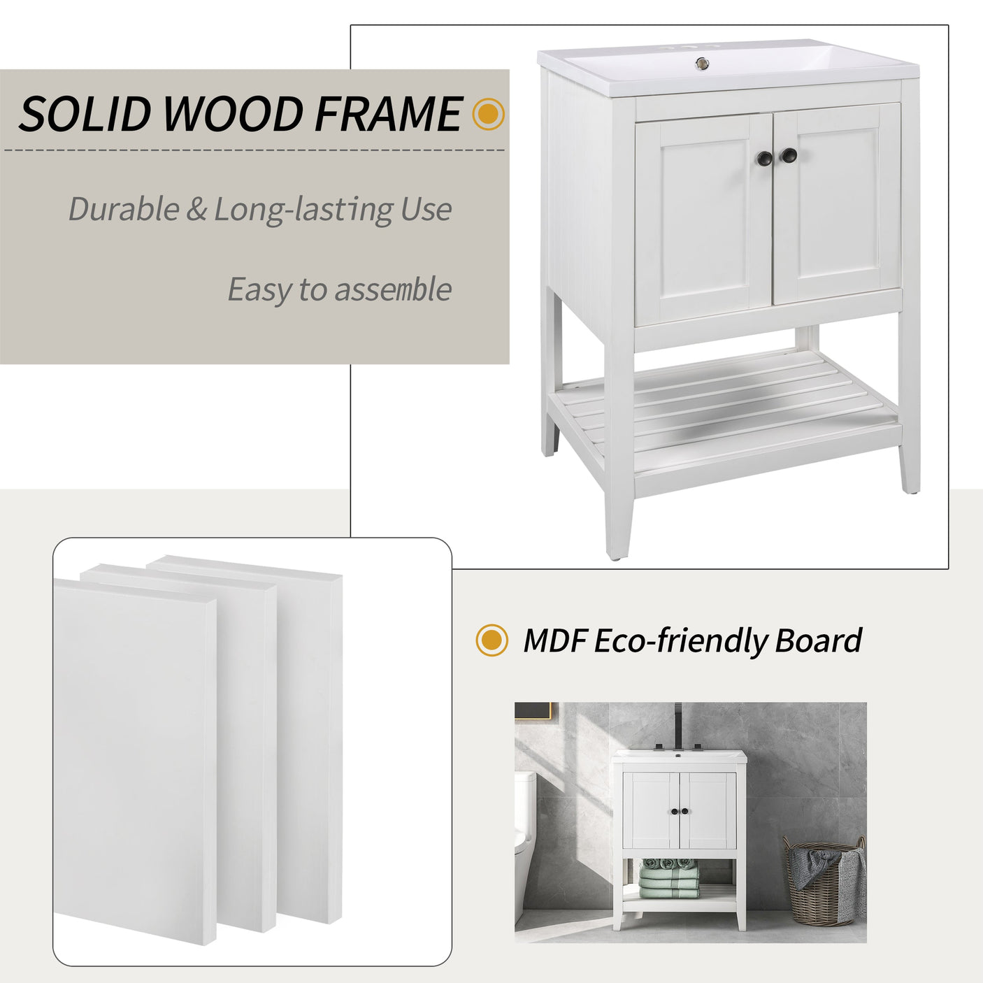 24" White Modern Sleek Bathroom Vanity Elegant Ceramic Sink with Solid Wood Frame Open Style Shelf Julia M Home & Kitchen