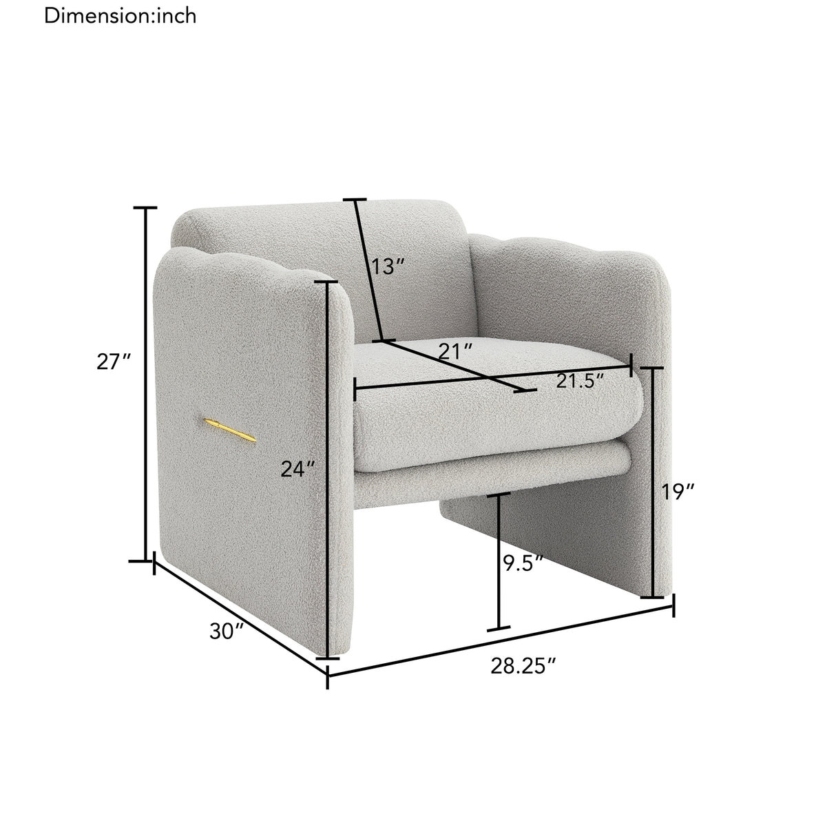 Armchair with wavy armrests, metal decorations on both sides of the armrests, made of Teddy cloth, light gray - Julia M LifeStyles