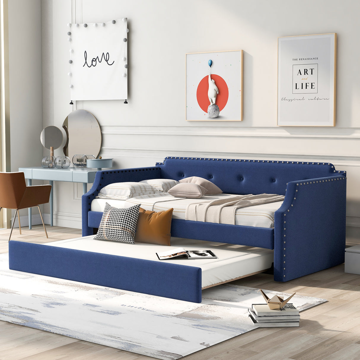 Upholstered Daybed with Trundle, Wood Slat Support,Upholstered Frame Sofa Bed Twin Blue - Julia M LifeStyles