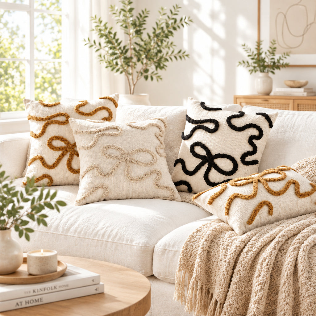Decorative pillows with intricate patterns on a beige sofa in a bright room.