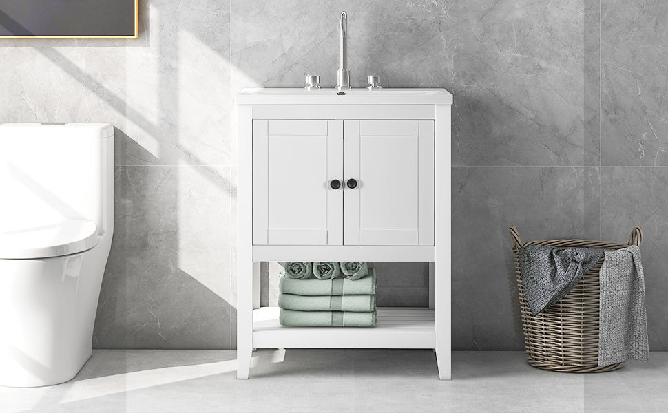 24" White Modern Sleek Bathroom Vanity Elegant Ceramic Sink with Solid Wood Frame Open Style Shelf Julia M Home & Kitchen