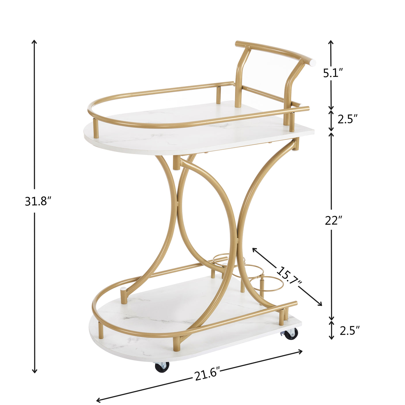 Golden Two-Tier Industrial Style Rolling Bar Cart with Wine & Glass Holders