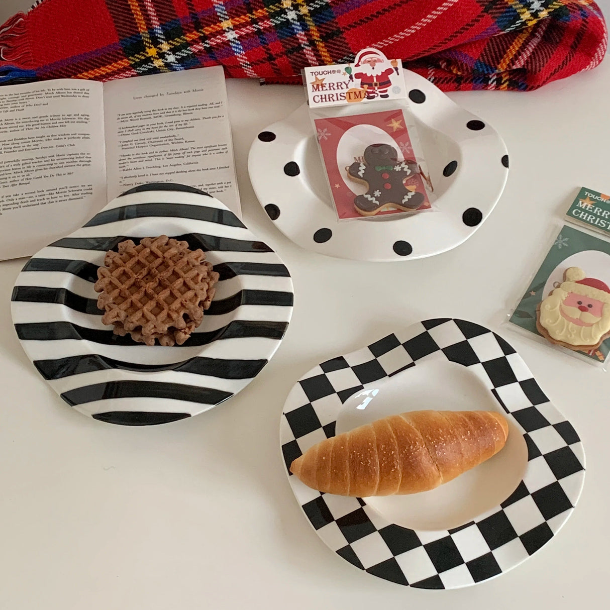 Nordic Ceramic Plate Dot Stripe Irregular Wave Shape Ceramic Dessert Plate Pasta Plate Dinner Plates Ceramic Dish Plates Julia M Home & Kitchen