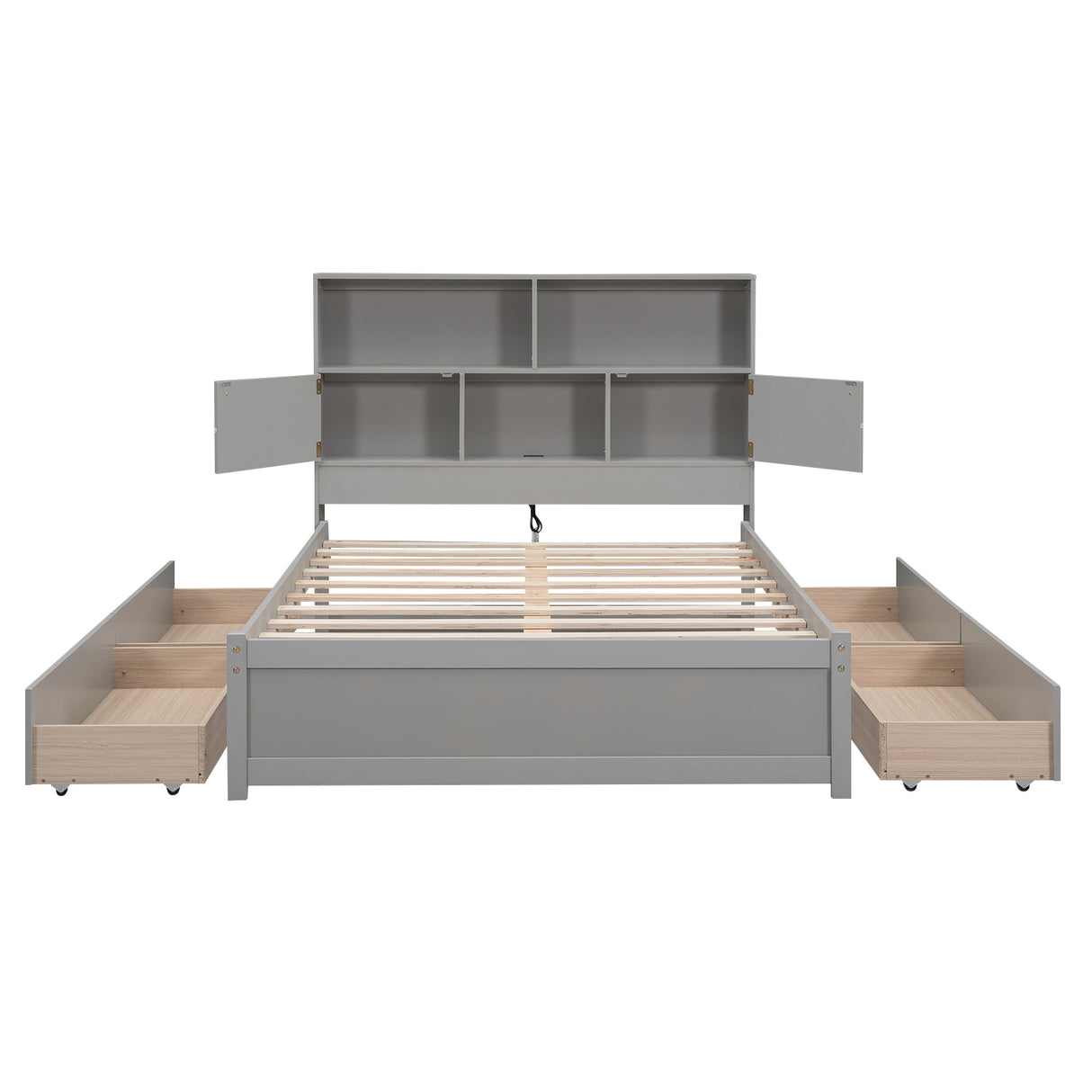 Full Size Platform Bed with Storage Headboard, Charging Station and 4 Drawers, Gray - Julia M LifeStyles