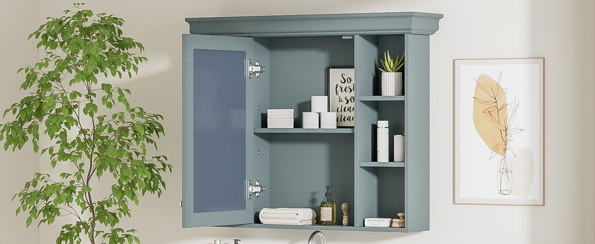 35 ''x 28' 'blue wall mounted bathroom storage cabinet with mirror door and medication cabinet with 6 open shelves Julia M Home & Kitchen