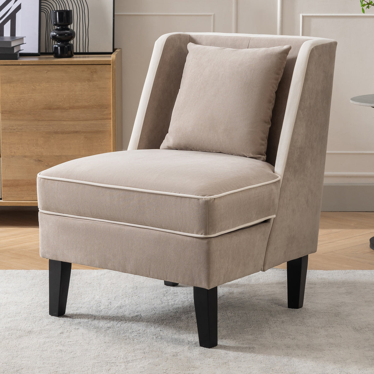 Velvet Upholstered Accent Chair with Cream Piping, Tan and Cream - Julia M LifeStyles