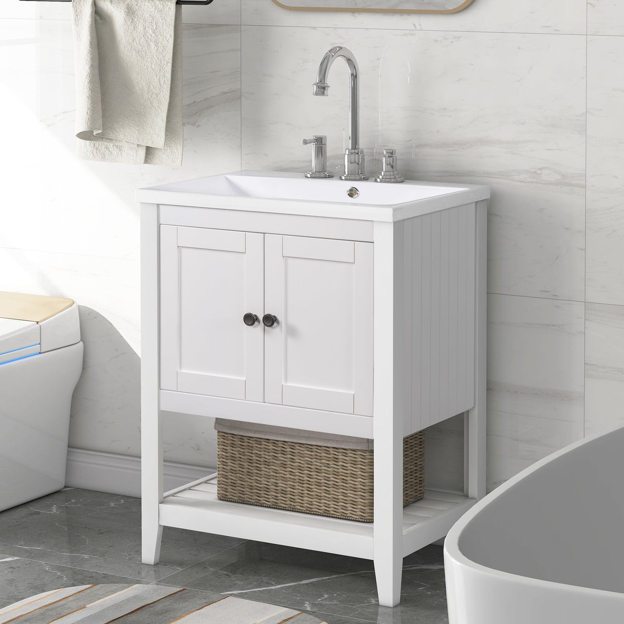 24" White Modern Sleek Bathroom Vanity Elegant Ceramic Sink with Solid Wood Frame Open Style Shelf Julia M Home & Kitchen
