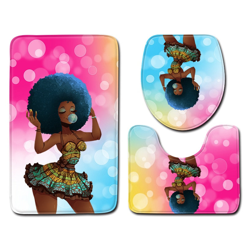 Bathroom Accession 3pcs/Set Star Girl Prited Bathroom Non-Slip Pedestal Rug + Lid Toilet Cover + Bath Mat - Julia M LifeStyles