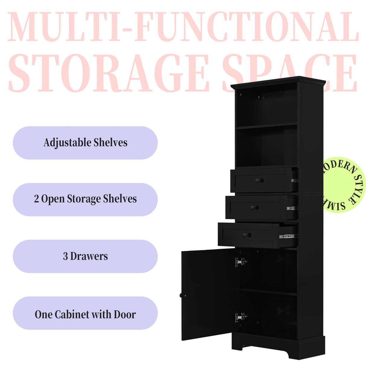 Black high storage cabinet with 3 drawers and adjustable shelves, MDF board painted eprolo