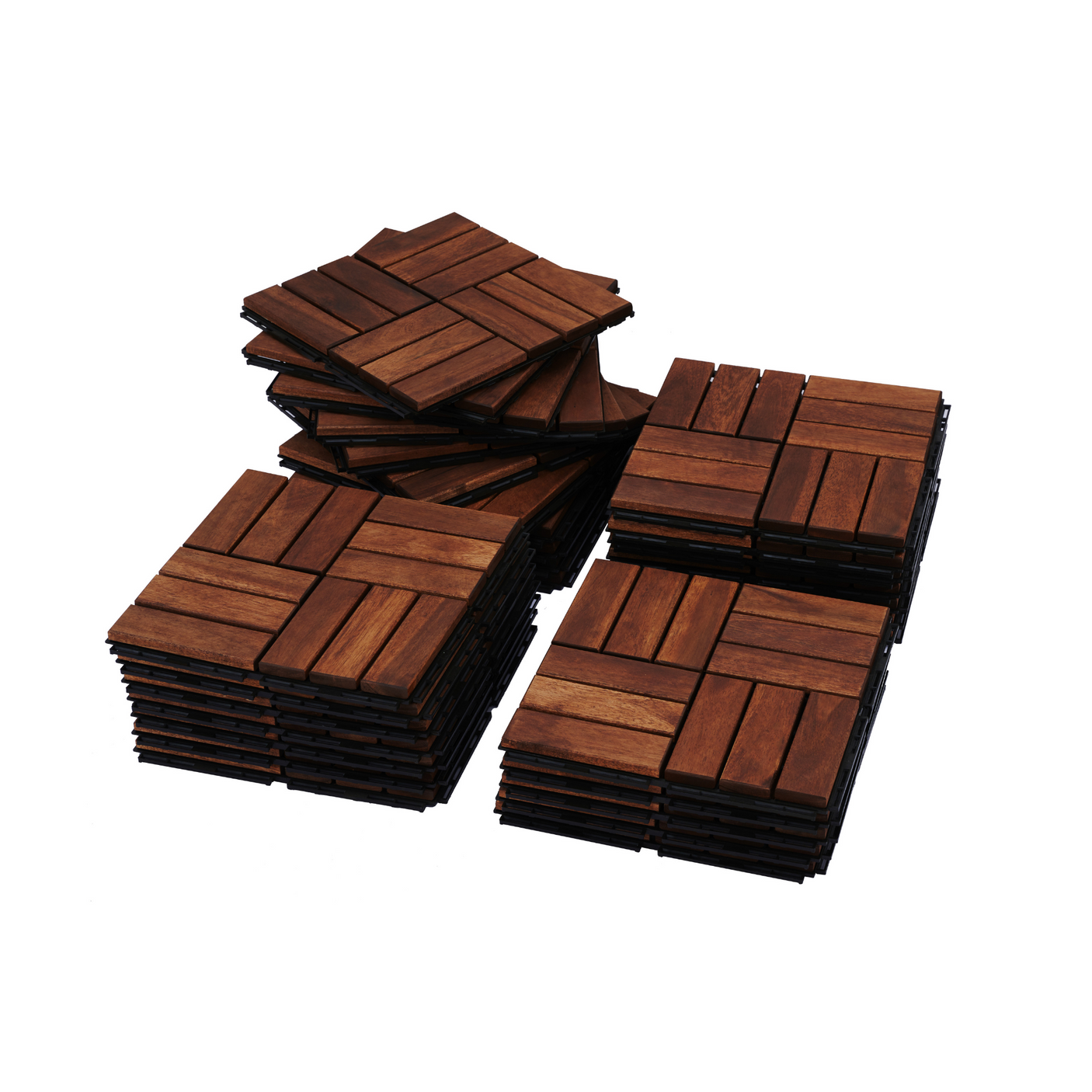 Acacia interlocking deck tile grid pattern, 10 pieces of 12 inch x 12 inch square brown Acacia hardwood outdoor flooring - Julia M LifeStyles