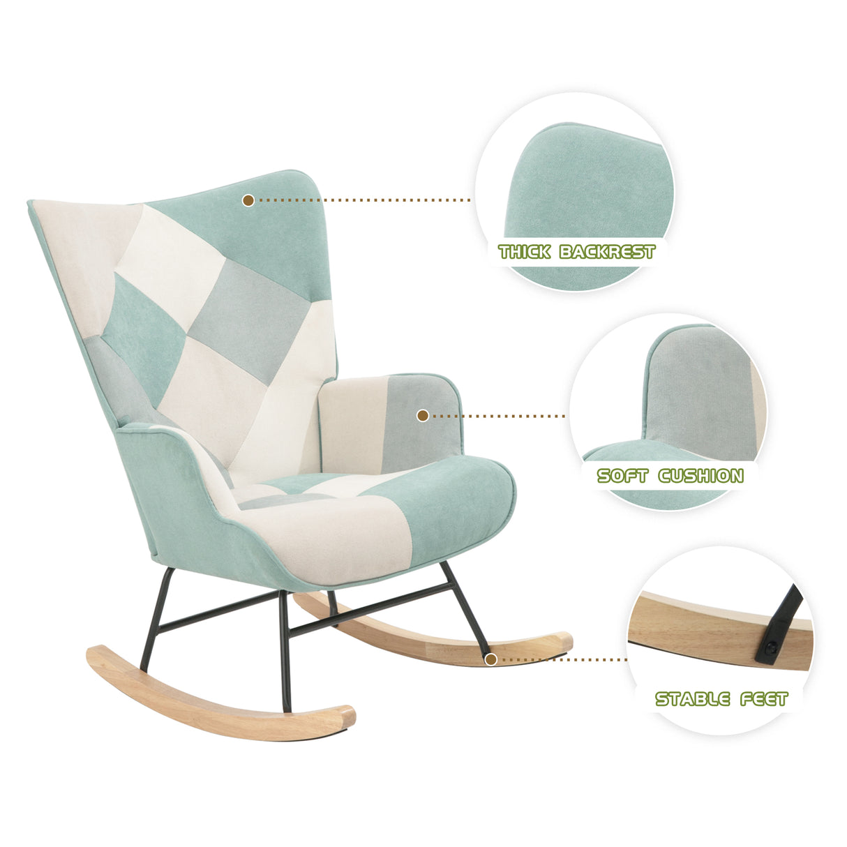 Rocking Chair with ottoman, Mid Century Fabric Rocker Chair with Wood Legs and Patchwork Linen for Livingroom Bedroom - Julia M LifeStyles