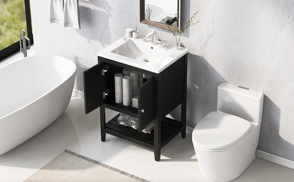 24" Black Modern Sleek Bathroom Vanity Elegant Ceramic Sink with Solid Wood Frame Open Style Shelf - Julia M LifeStyles