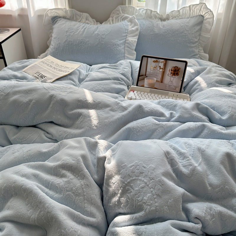 A-class ins princess style milk velvet four piece set lace carved velvet warm duvet cover winter bedding Julia M Home & Kitchen