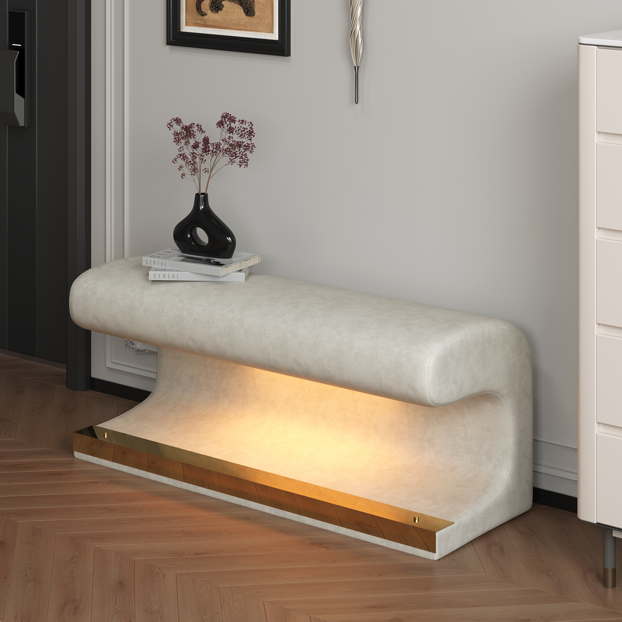 Entryway Bench Leather Upholstered Ottoman with LED sensor light for living room ,bedroom,end of bed ,Beige - Julia M LifeStyles