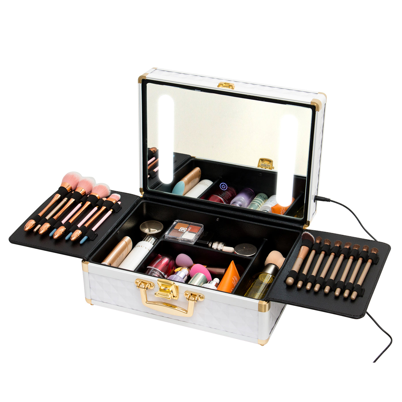 Portable makeup case, travel makeup bag with LED mirror, locked makeup storage box, brush holder, divider, rechargeable, white - Julia M LifeStyles