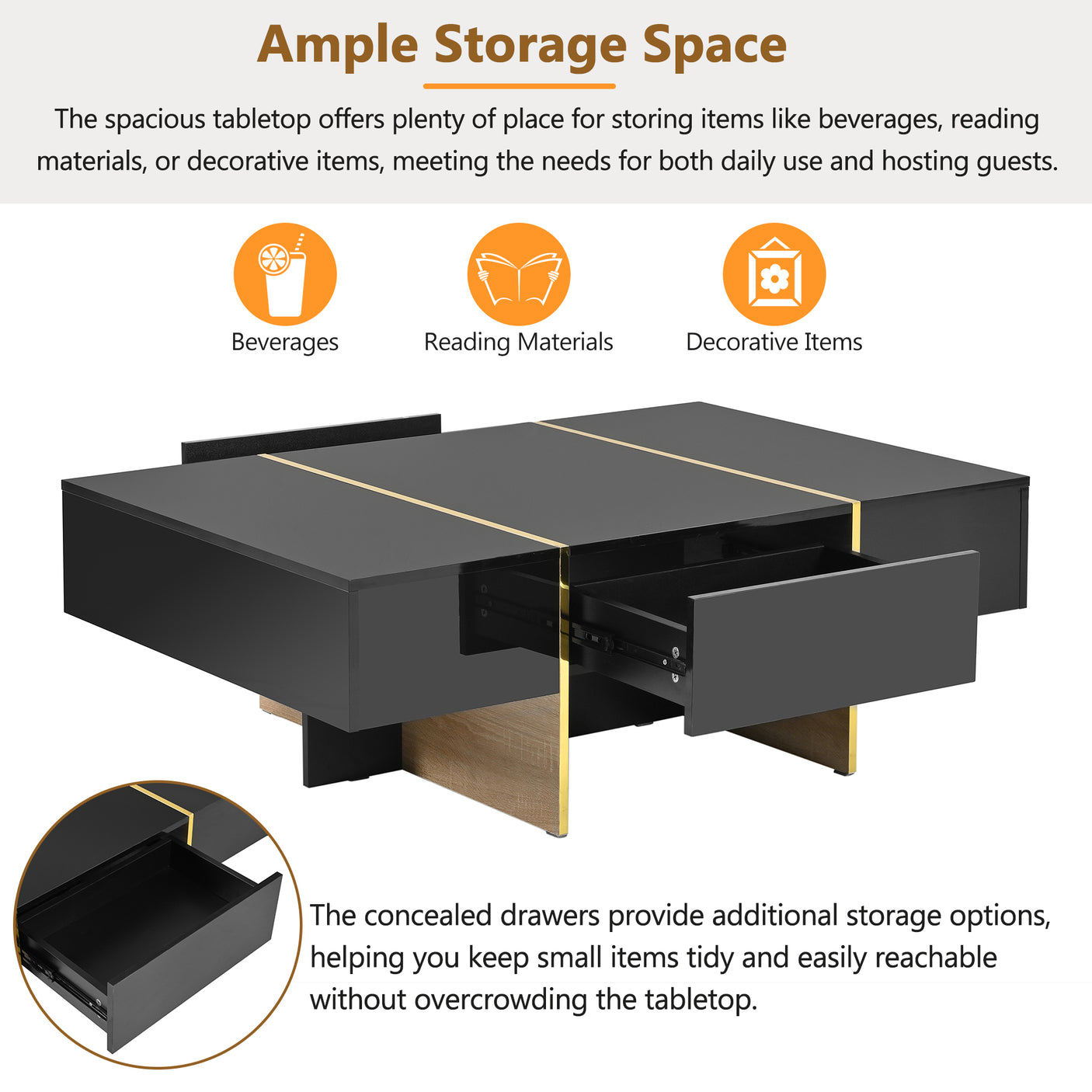 ON-TRANS 47.2 inch x 31.4 inch multifunctional rectangular sofa table with 2 drawers and gold wood grain leg center table, black - Julia M LifeStyles