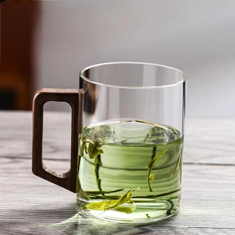 High end green tea cup with walnut handle and lid. High temperature resistant glass office drinking cup Julia M Home & Kitchen