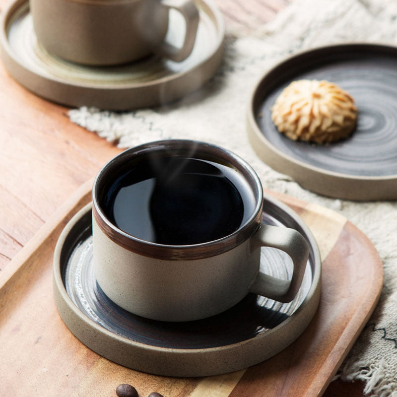 Coarse pottery coffee cup and plate set creative handmade retro coffee cup artistic cup plate milk cup Julia M Home & Kitchen
