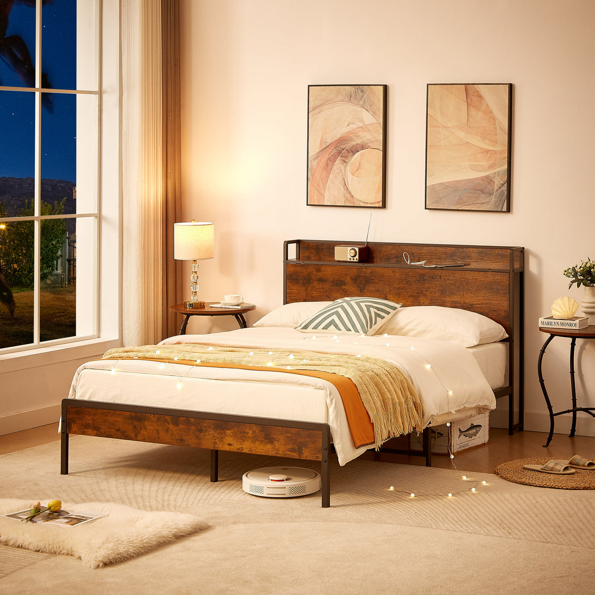 Bed frame with charging station full size, Rustic Brown, 83.1'' L x 56.1'' W x 39'' H eprolo