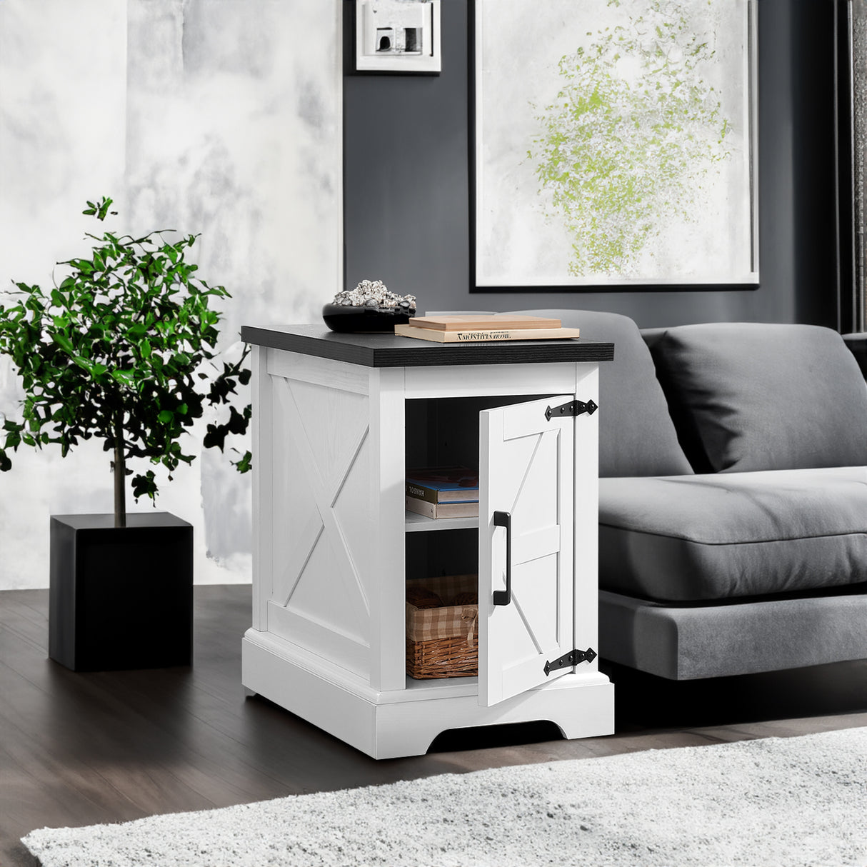 Farmhouse tea table bedside table rectangular farmhouse tea table with barn door and adjustable storage rack, white - Julia M LifeStyles