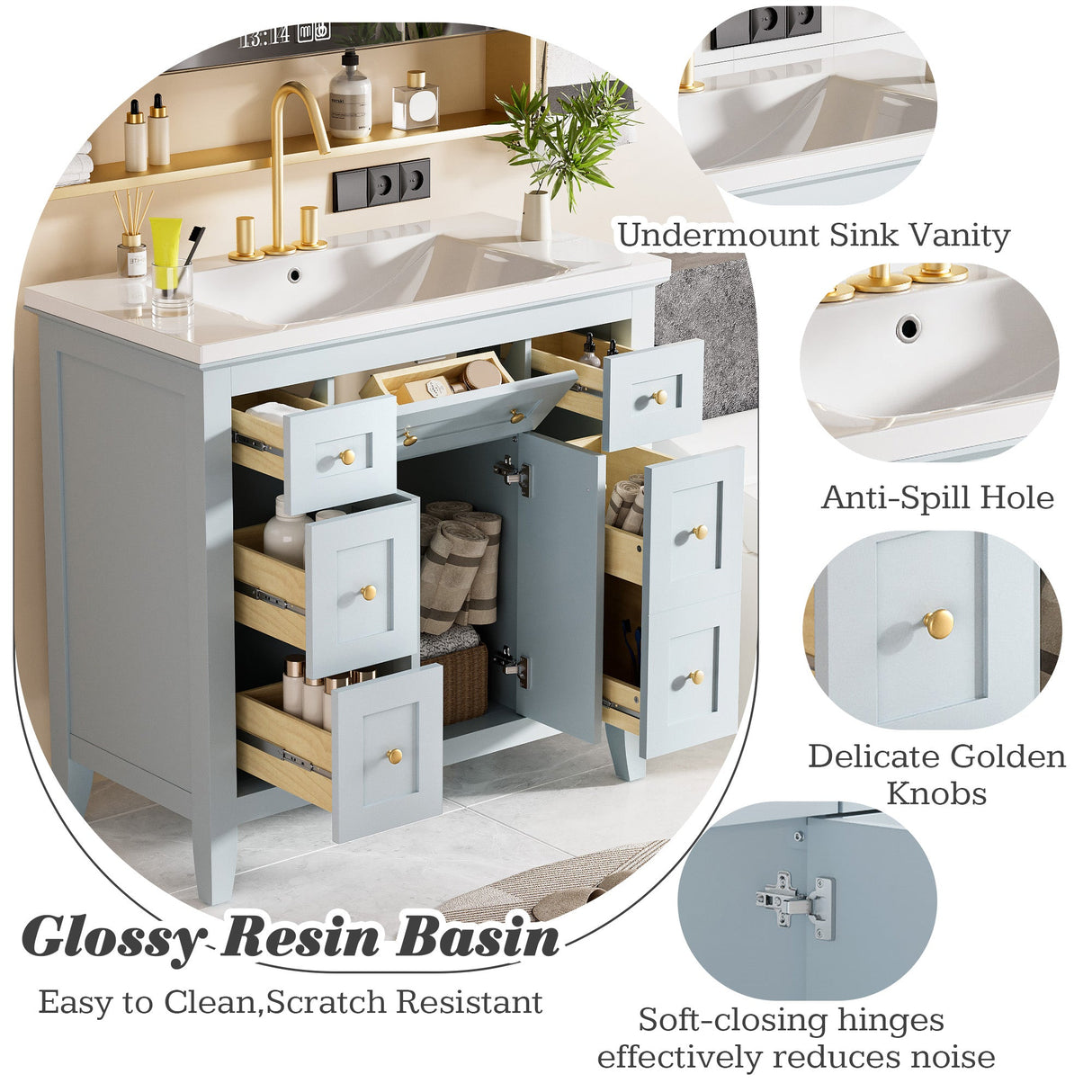 36 inch bathroom vanity with resin sink combination set with 6 drawers and 2 cabinets, storage cabinet vanity set, light blue Julia M Home & Kitchen