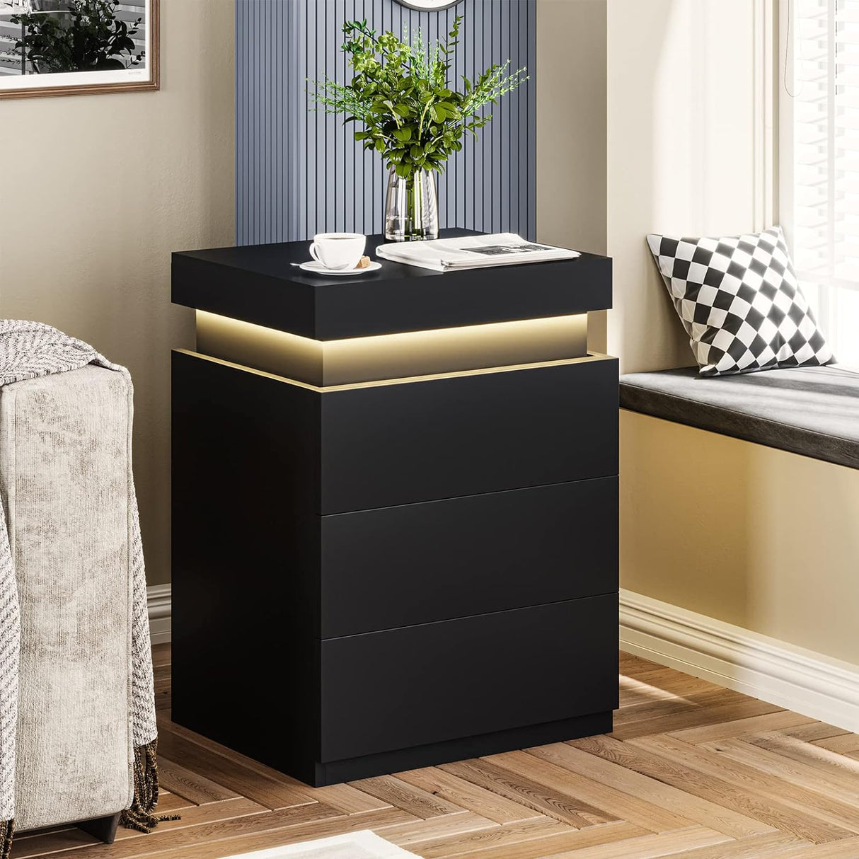 LED Black Nightstand Modern Multi-Colour LED Night Table Bedside Tables for Bedroom, Living Room - Julia M LifeStyles