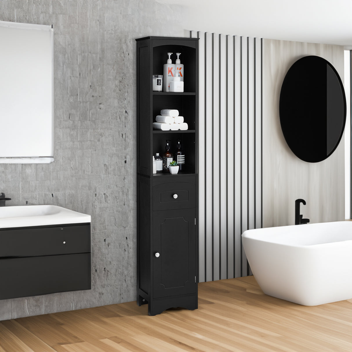Tall Bathroom Cabinet, Freestanding Storage Cabinet with Drawer, MDF Board, Adjustable Shelf, Black - Julia M LifeStyles
