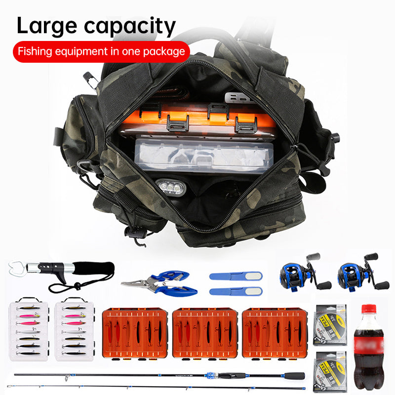 Men's Fishing Backpack: Equipped with bait box, equipment storage bag, pole holder, sling & shoulder bag design. eprolo