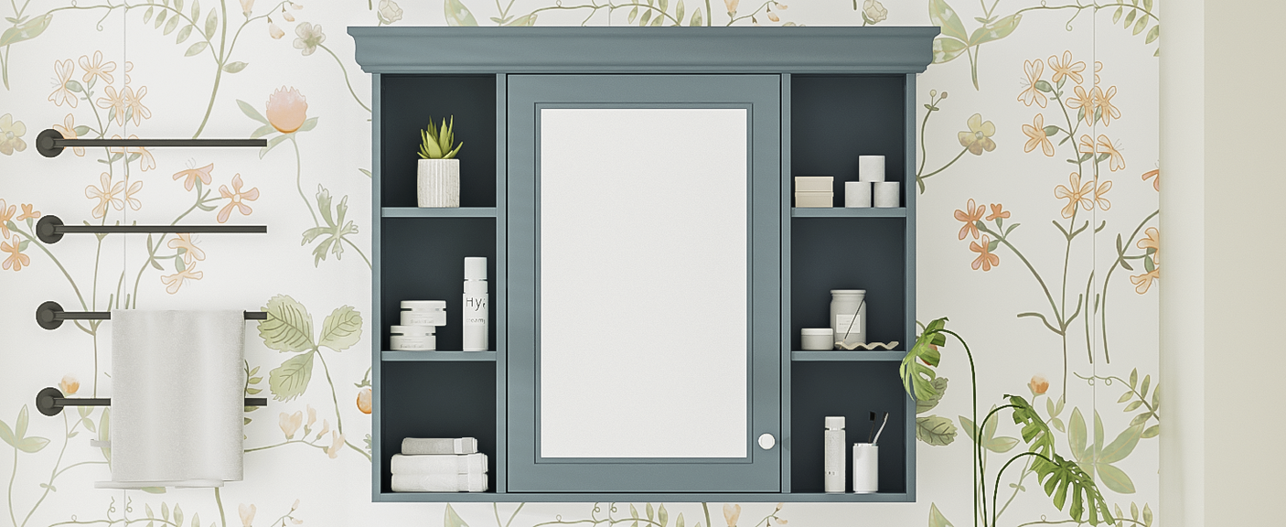 35 ''x 28' 'blue wall mounted bathroom storage cabinet with mirror door and medication cabinet with 6 open shelves Julia M Home & Kitchen