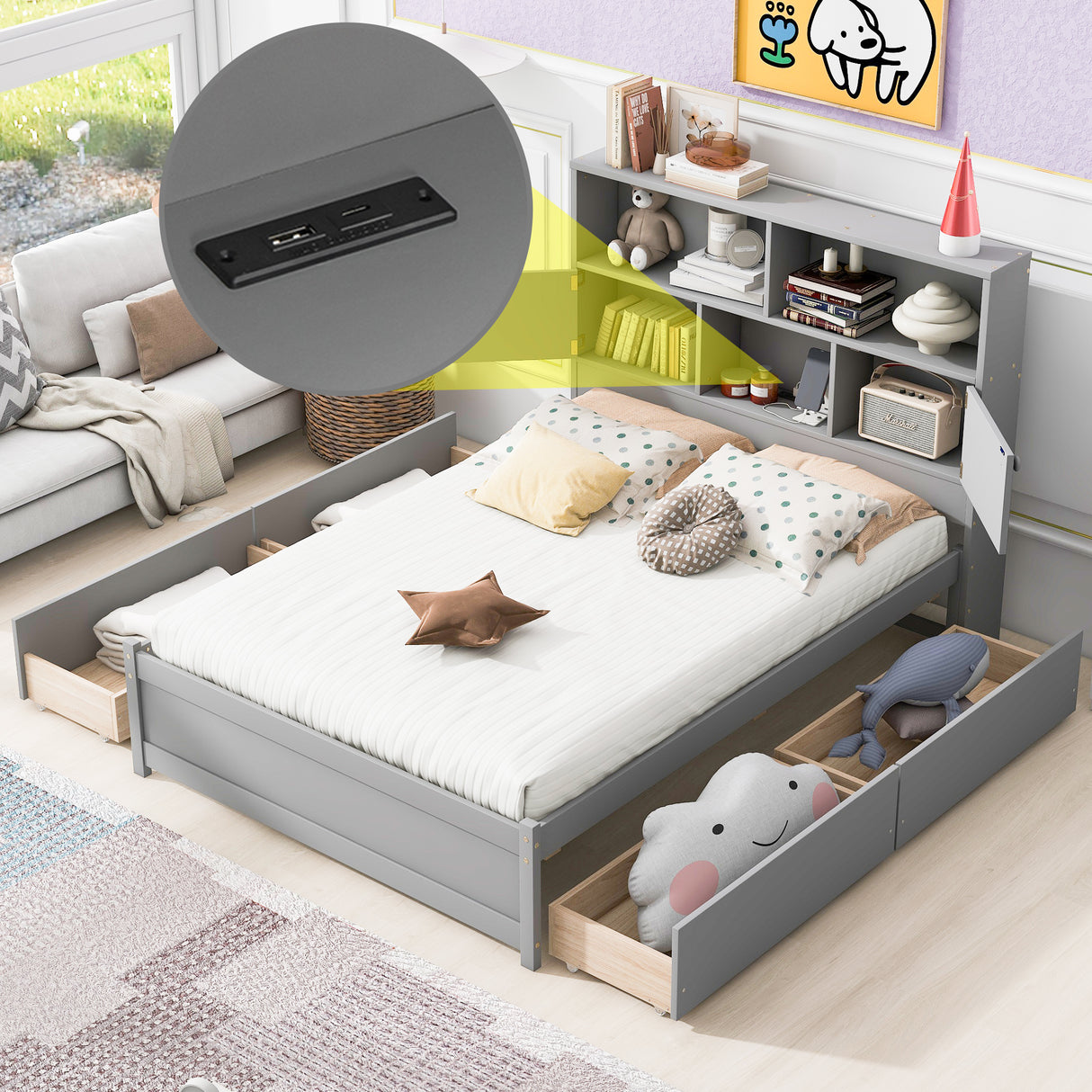Full Size Platform Bed with Storage Headboard, Charging Station and 4 Drawers, Gray - Julia M LifeStyles