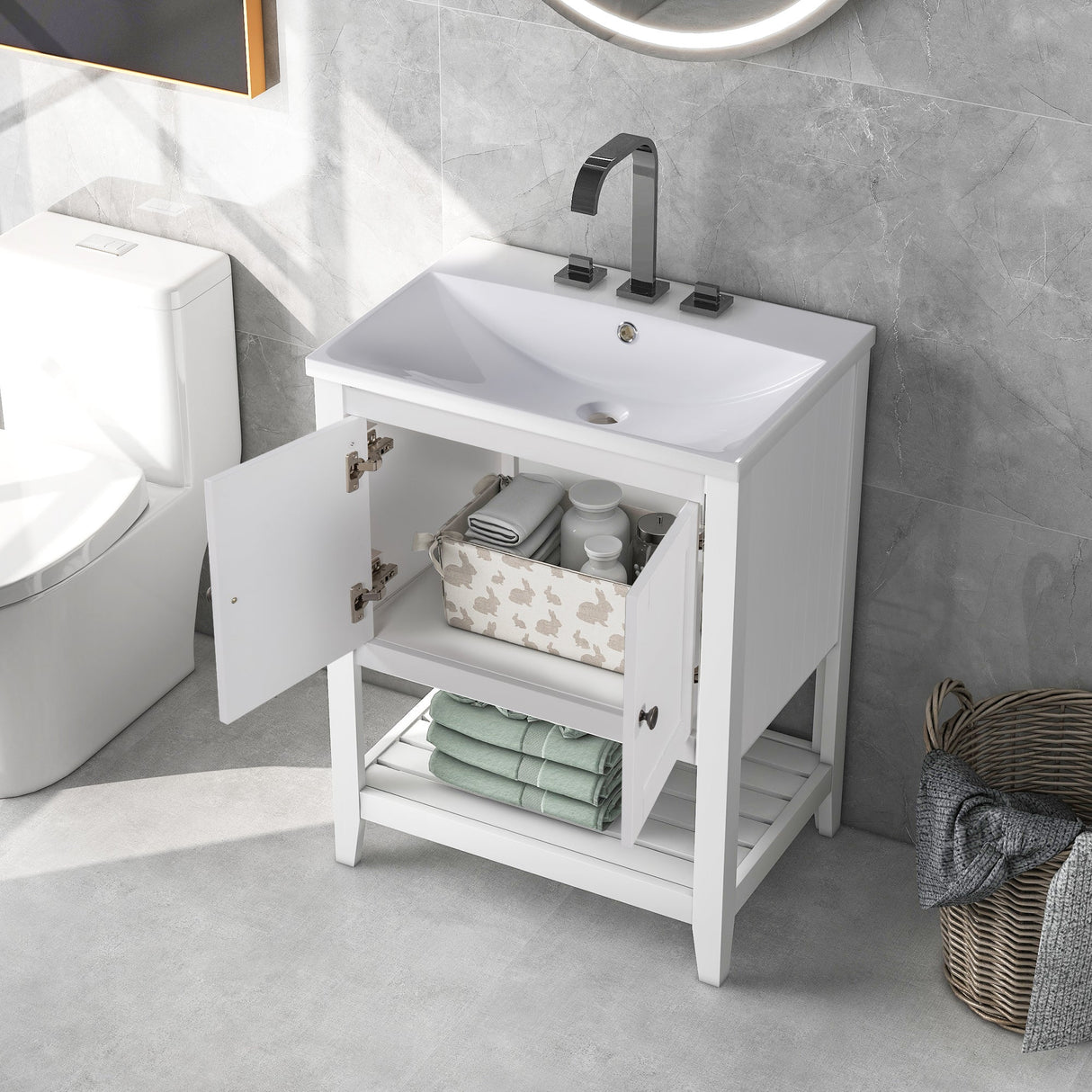 24" White Modern Sleek Bathroom Vanity Elegant Ceramic Sink with Solid Wood Frame Open Style Shelf Julia M Home & Kitchen