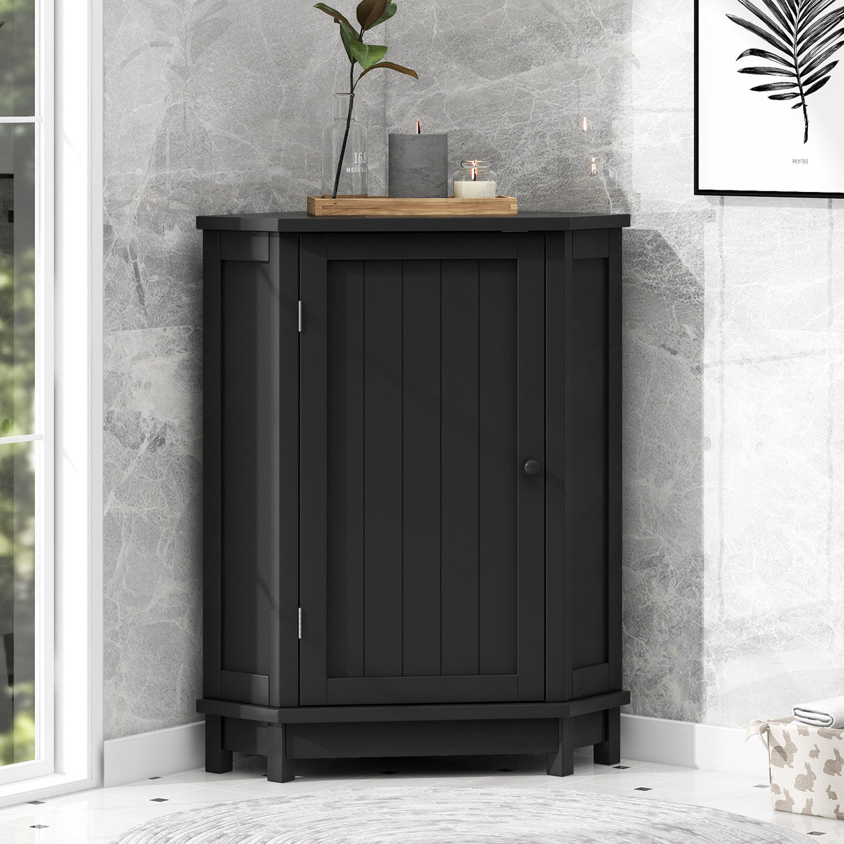 Black Bathroom Cabinet Triangle Corner Storage Cabinet with Adjustable Shelf Modern Style MDF Board - Julia M LifeStyles