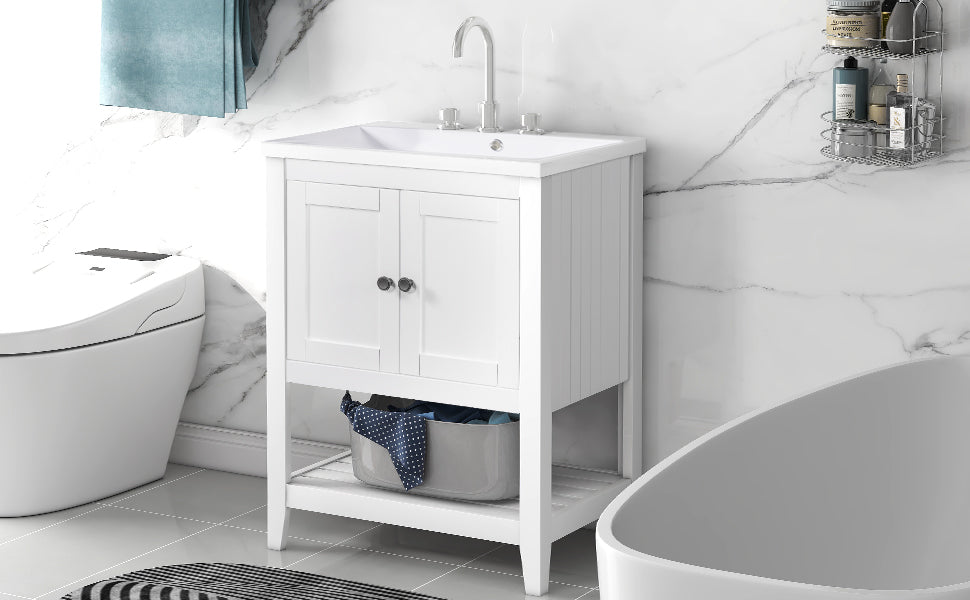 24" White Modern Sleek Bathroom Vanity Elegant Ceramic Sink with Solid Wood Frame Open Style Shelf Julia M Home & Kitchen
