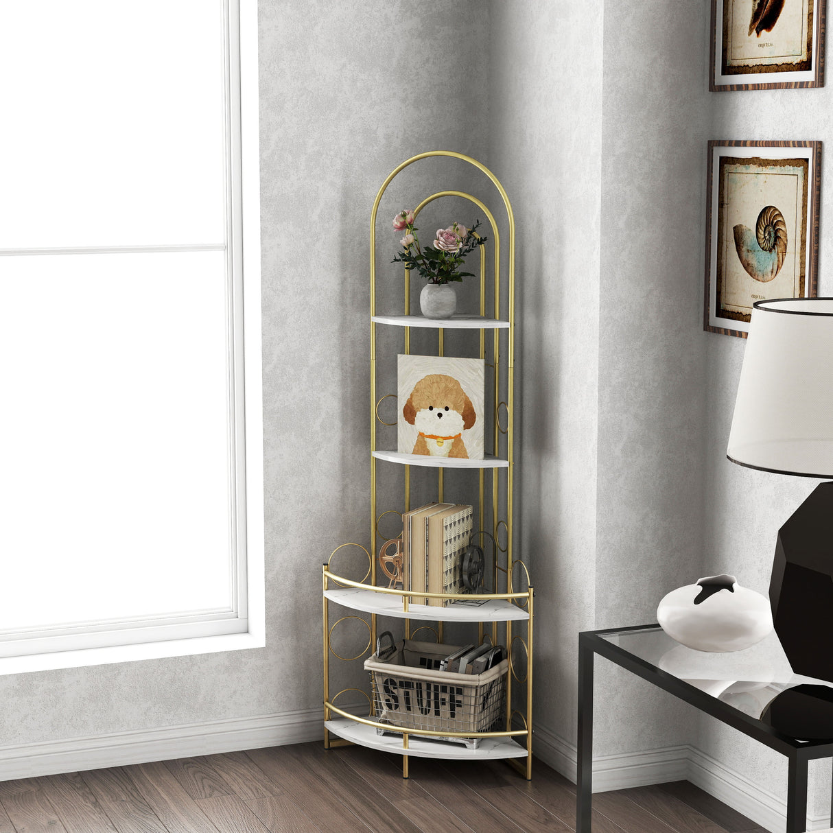 Gold 4-Tier Corner Bookshelf, Modern Style, Plant Stand with Metal Frame - Julia M LifeStyles