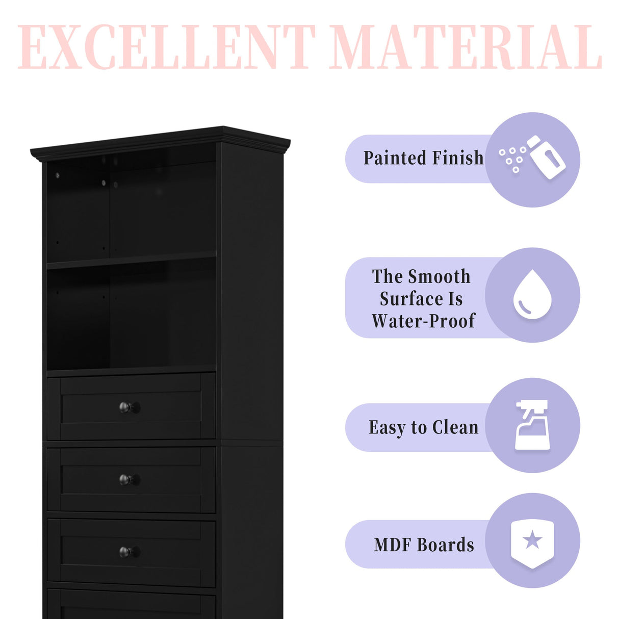 Black high storage cabinet with 3 drawers and adjustable shelves, MDF board painted eprolo