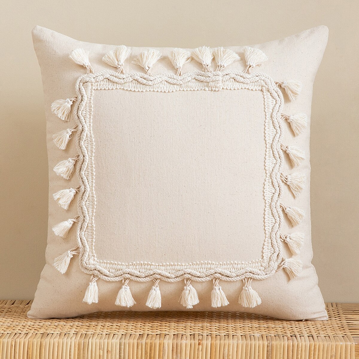 Tassels Cushion Cover 45x45cm - Beige and White Boho Decor - Julia M LifeStyles