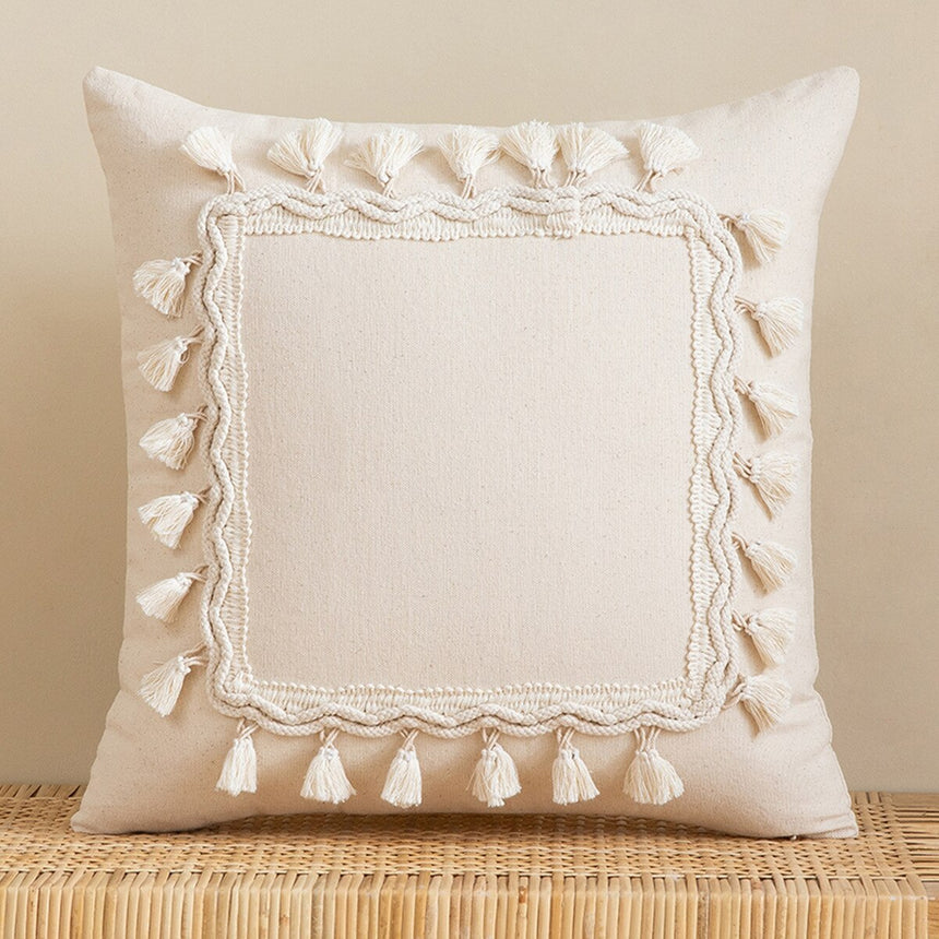 Tassels Cushion Cover 45x45cm - Beige and White Boho Decor - Julia M LifeStyles