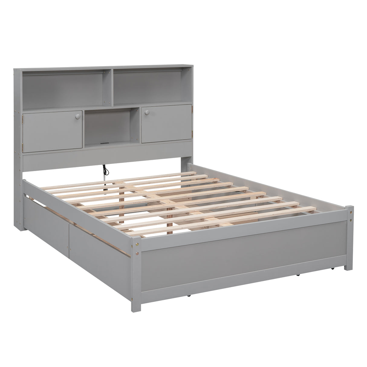 Full Size Platform Bed with Storage Headboard, Charging Station and 4 Drawers, Gray - Julia M LifeStyles