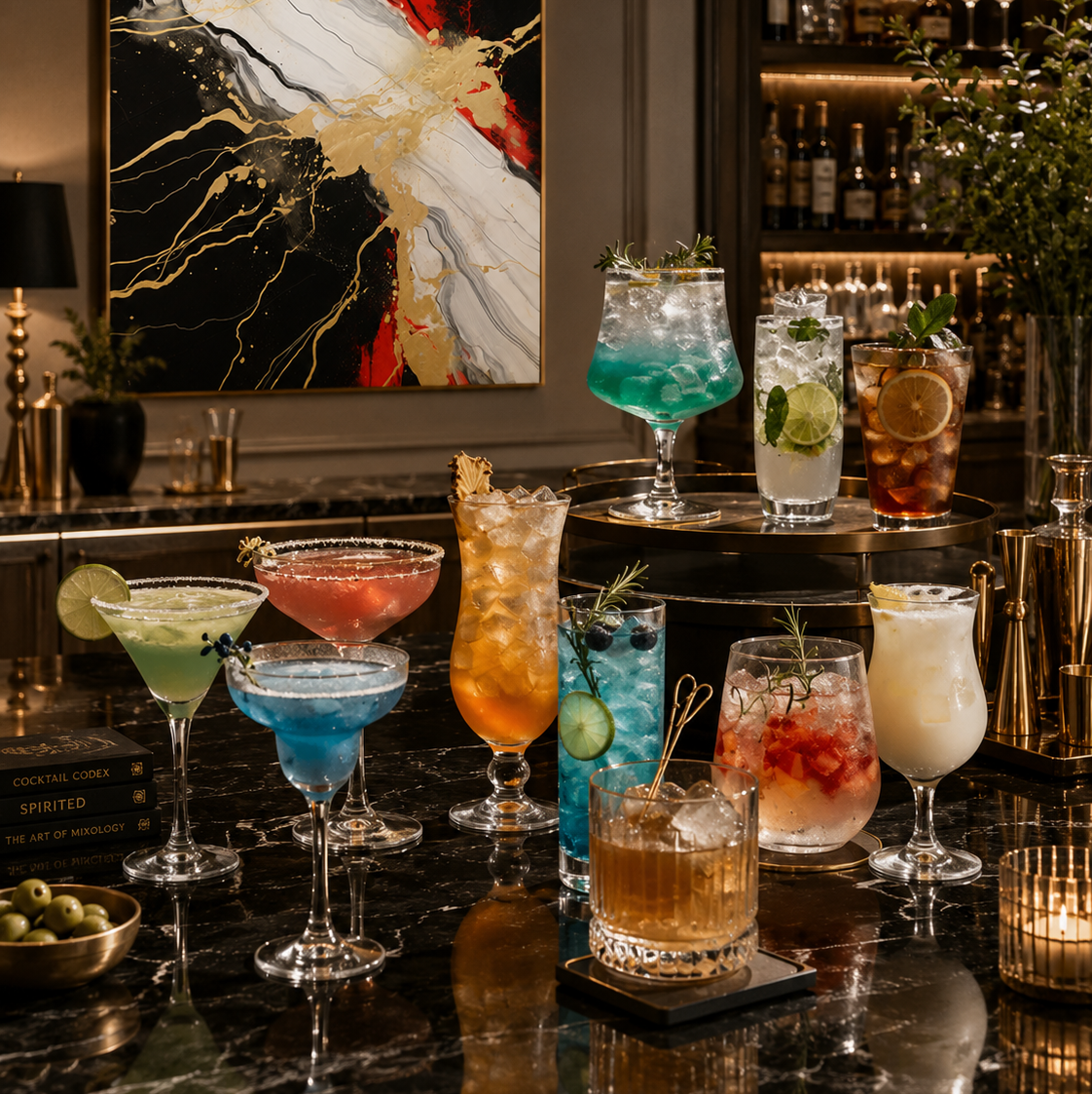 A bar scene with multiple colorful cocktails arranged on a black marble counter in front of a lit bar shelf and a large abstract wall painting. No person is visible, but this is still not a clean isolated product shot; the real bar environment is present, so subject_type is Lifestyle.