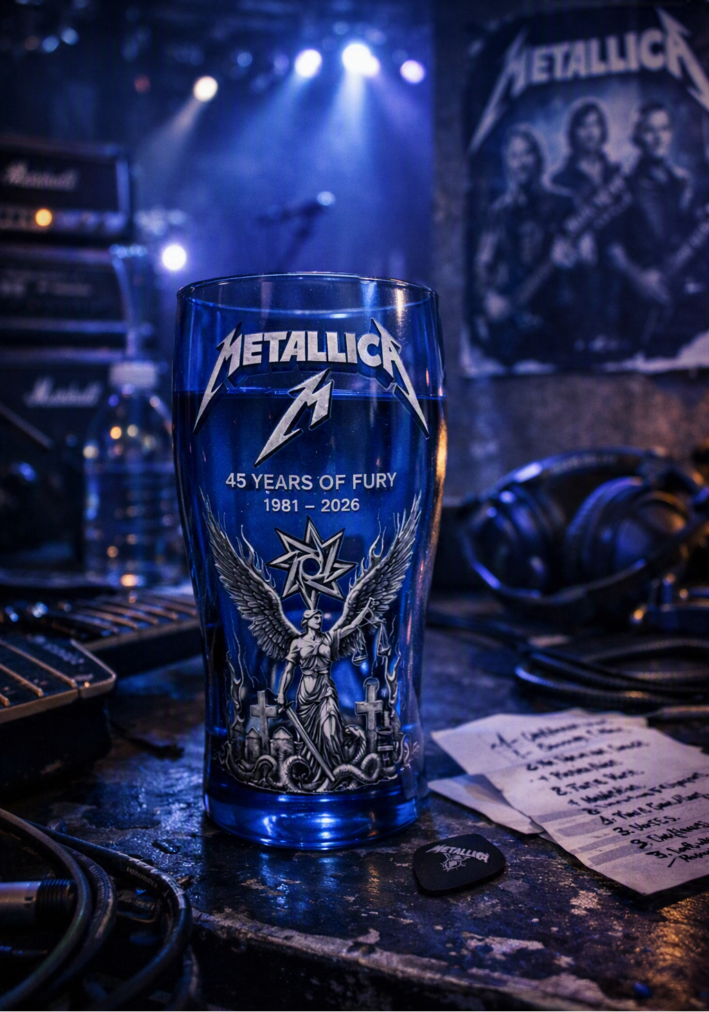 Metallica 45 Years of Fury Commemorative Glass, Vintage Heavy Metal Band Beer Mug, 3D Relief Blue Drinking Glass Rock Music