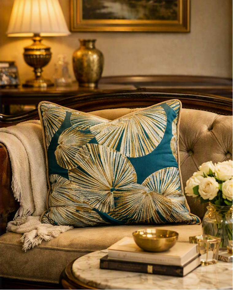 A split-screen lifestyle image showing a decorative throw pillow with a teal and beige palm leaf pattern styled on a tufted sofa in a warm, elegant living room setting.