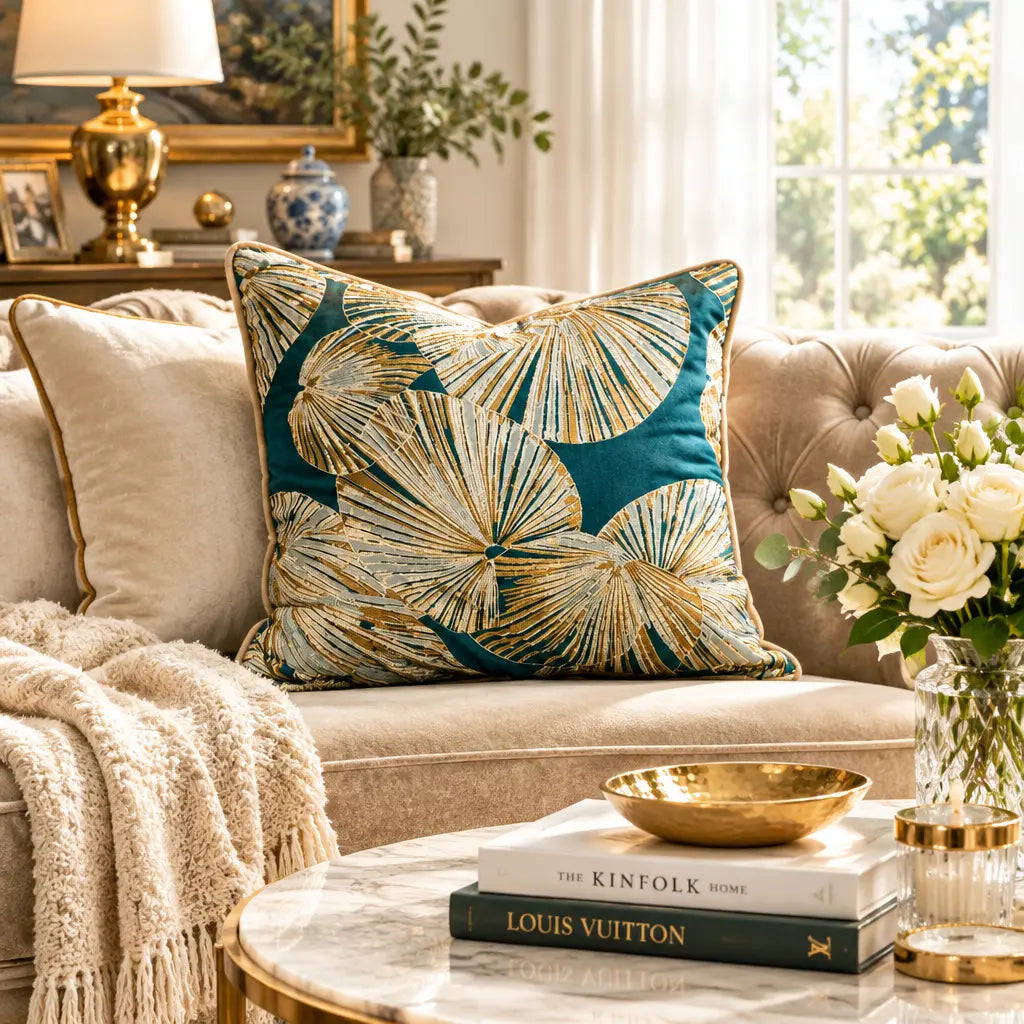 A split-screen lifestyle image showing a decorative throw pillow with a teal and beige palm leaf pattern styled on a tufted sofa in a warm, elegant living room setting.