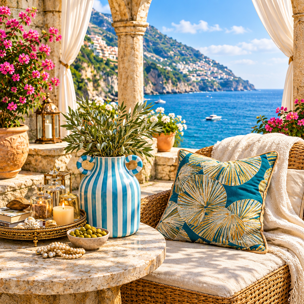 A styled outdoor patio scene with a wicker armchair draped in cream fabric, featuring a decorative throw pillow with a teal and gold palm leaf pattern. In the foreground, a round stone table holds a blue-and-white striped vase with greenery, candles, and small accessories.