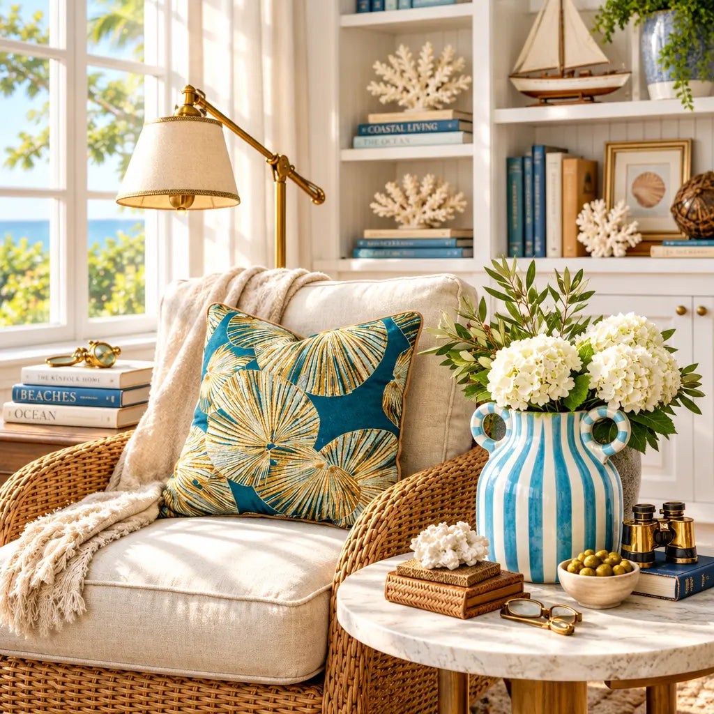 A styled living room scene with a beige armchair draped in cream fabric, featuring a prominent square throw pillow with a blue and gold palm leaf pattern. A matching blue and white striped ceramic vase with white flowers sits on a marble side table next to it, with a bookshelf and window in the background.