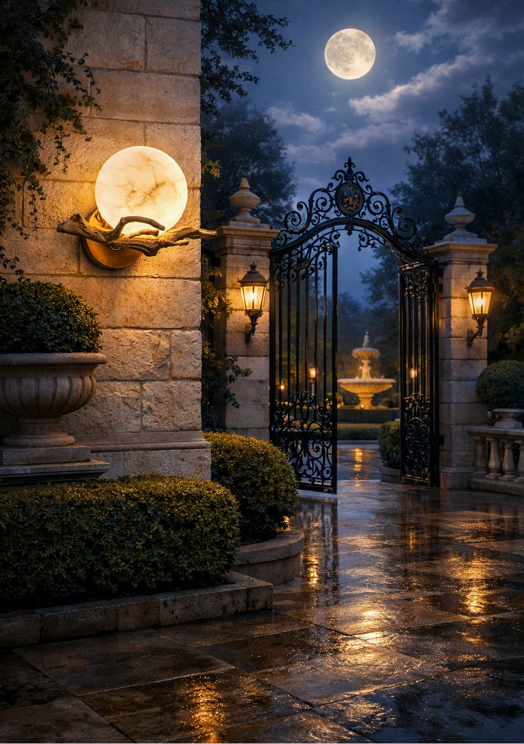 A nighttime garden entrance with a large black wrought-iron gate between stone pillars, warm wall sconces glowing on the stone walls, wet cobblestone pavement reflecting the lights, a fountain in the distance, and a full moon in the sky. A 'Made with AI' watermark appears in the top right corner.