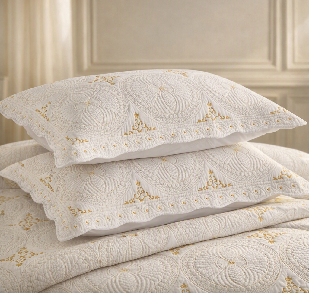 Three white embroidered pillowcases stacked on a matching white quilted bedspread, featuring gold floral and geometric embroidery, set against a softly blurred beige bedroom background.